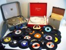 2 Vintage Portable Record Players plus 51 Assorted 45rpm Records+Carrying Case