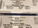 2 x DRAKE Tickets MANCHESTER Sat 11th Feb 2017 BLOCK 111 Row V