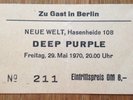 DEEP PURPLE . Vintage TICKET Berlin 1970  * ORIGINAL * Led Zeppelin Jimi Hendrix