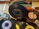 Box of 45s 7 inch Records In Case, 50s 60s 70s Beatles Elvis Wings Sam Cooke