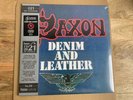 SAXON - DENIM & LEATHER. RED & BLACK SPLATTER VINYL. HMV 1921 CENTENARY LP.