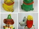 4 VINTAGE CERAMIC TOBACCO JARS - YELLOW/GREEN BONZO DOGS & 2 OTHER DOGS