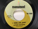 ARTHUR ALEXANDER - I NEED YOU BABY-MONUMENT 1060. EXCELLENT Condition. MR Stamp.