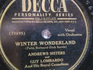 78 rpm Decca 23722, Andrews Sisters Guy Lombardo, Winter Wonderland Christmas E